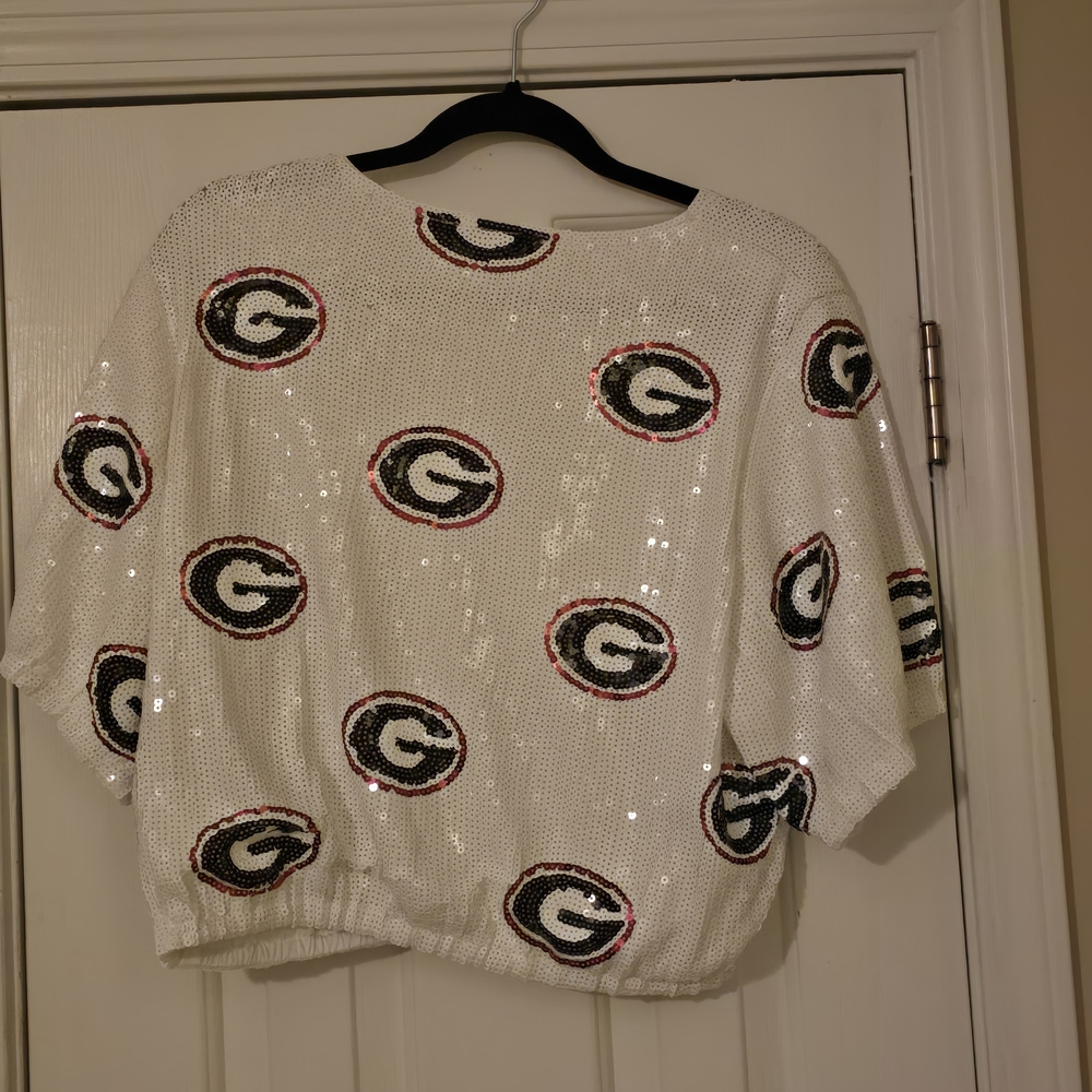 White Sequin Crop Top with UGA Logo Pattern - Picture 3 of 5
